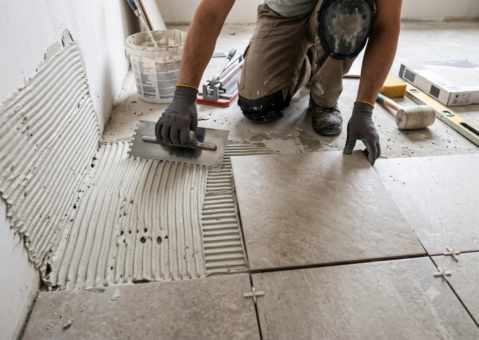 Tile adhesive applied with a notched trowel