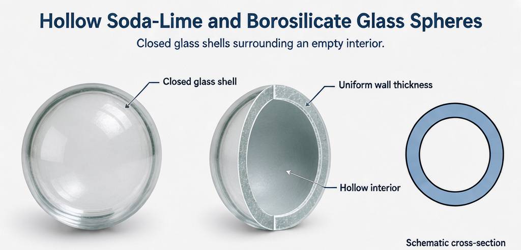 Hollow glass microspheres showing closed glass shell, uniform wall thickness and hollow interior
