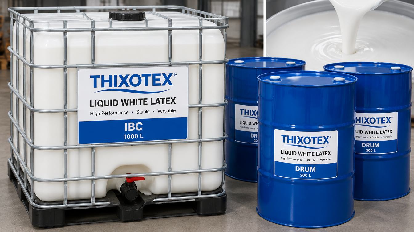 THIXOTEX liquid latex packaging in pails, drums and IBC containers